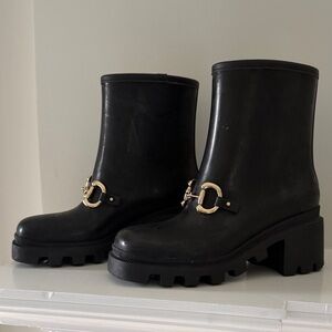 GUCCI Women's Black Chunky Heeled Rain Boots with Gold Hardware